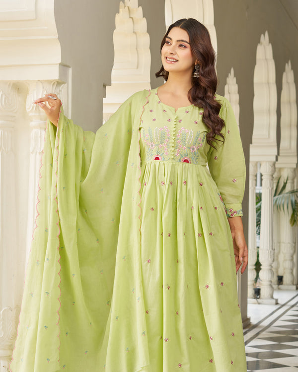 Pastel Green Cotton Anarkali Suit Set with Floral Embroidery Dupatta