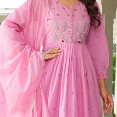 Elegant Pink Cotton Anarkali Suit Set with Floral Embroidery Dupatta