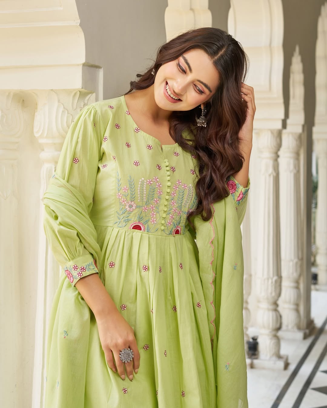 Pastel Green Cotton Anarkali Suit Set with Floral Embroidery Dupatta