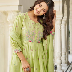 Pastel Green Cotton Anarkali Suit Set with Floral Embroidery Dupatta