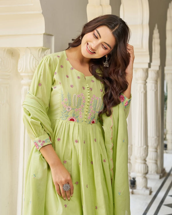 Pastel Green Cotton Anarkali Suit Set with Floral Embroidery Dupatta