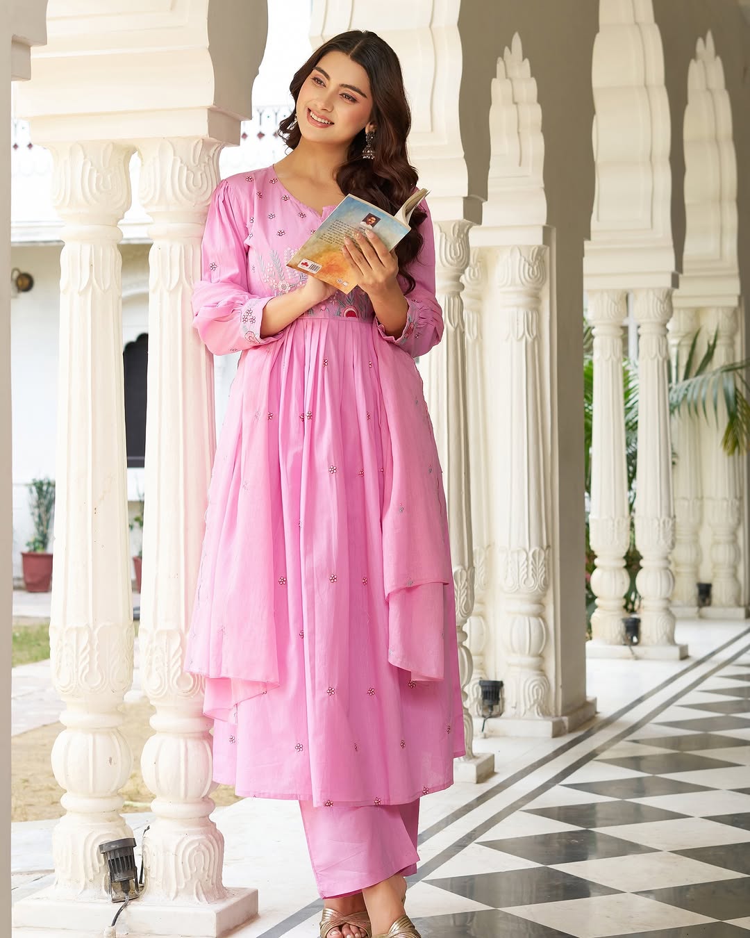 Elegant Pink Cotton Anarkali Suit Set with Floral Embroidery Dupatta