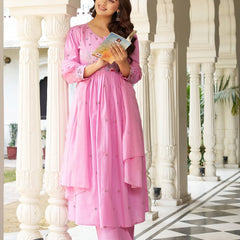 Elegant Pink Cotton Anarkali Suit Set with Floral Embroidery Dupatta