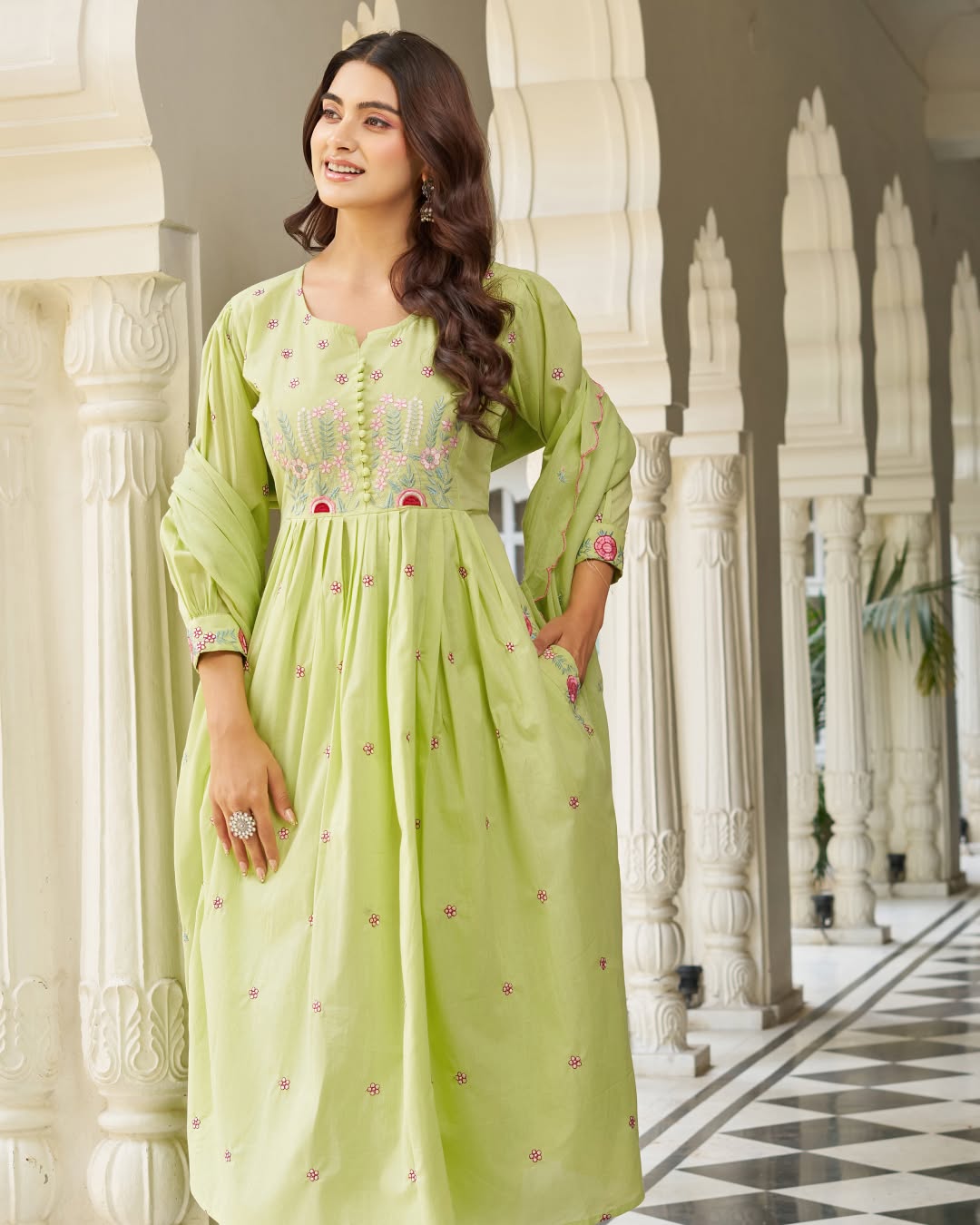 Pastel Green Cotton Anarkali Suit Set with Floral Embroidery Dupatta