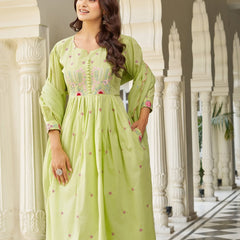 Pastel Green Cotton Anarkali Suit Set with Floral Embroidery Dupatta