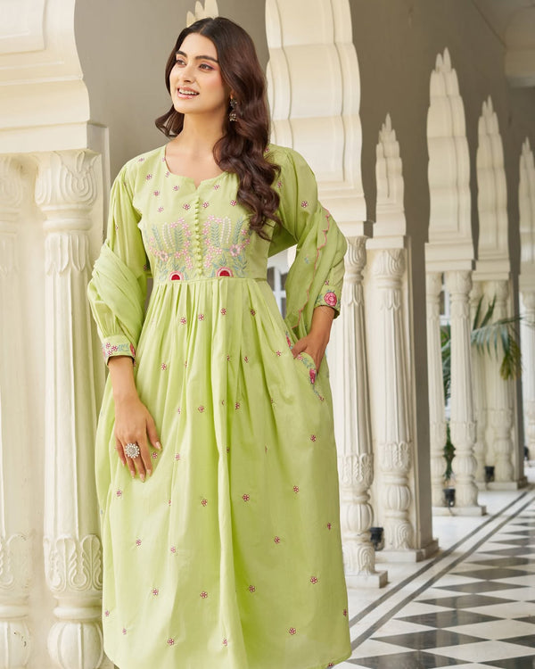 Pastel Green Cotton Anarkali Suit Set with Floral Embroidery Dupatta