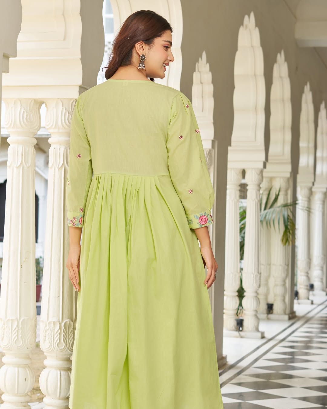 Pastel Green Cotton Anarkali Suit Set with Floral Embroidery Dupatta