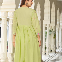 Pastel Green Cotton Anarkali Suit Set with Floral Embroidery Dupatta