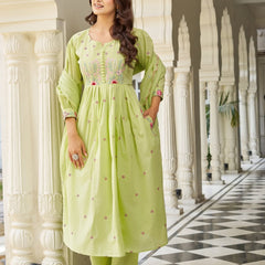 Pastel Green Cotton Anarkali Suit Set with Floral Embroidery Dupatta