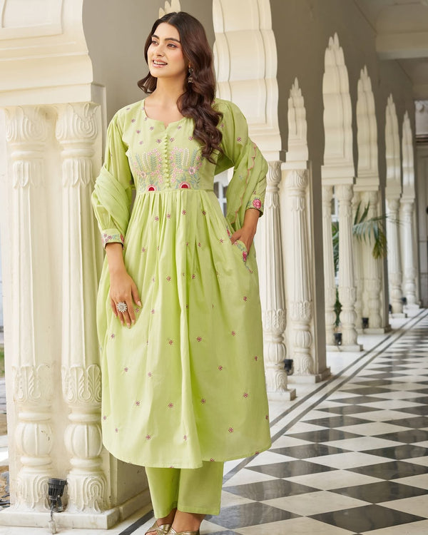 Pastel Green Cotton Anarkali Suit Set with Floral Embroidery Dupatta