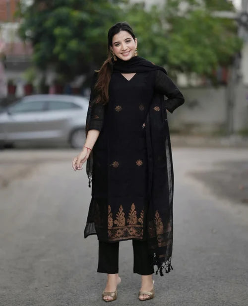 Black Ethnic Kurta Pant Dupatta Set