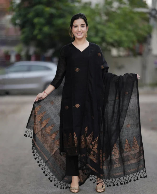 Black Ethnic Kurta Pant Dupatta Set