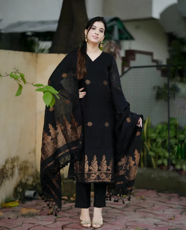 Black Ethnic Kurta Pant Dupatta Set