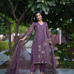 Mauve Purple Kurta Pant Set with Floral Print & Sheer Dupatta