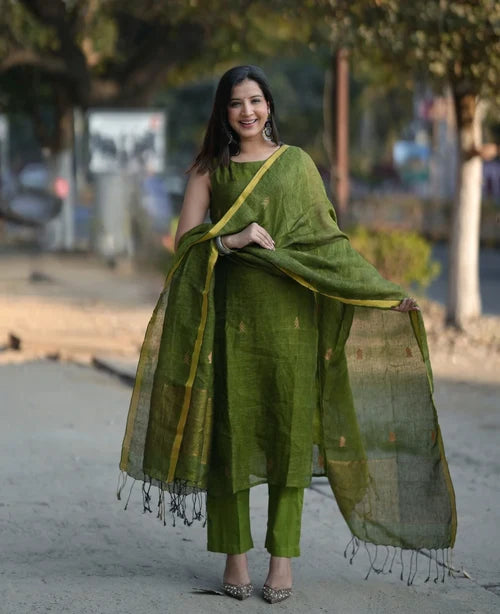 Olive Green Straight Kurta Set with Dupatta