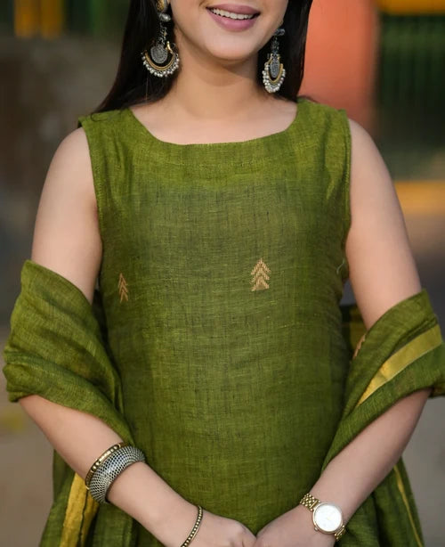 Olive Green Straight Kurta Set with Dupatta