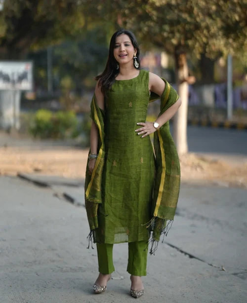 Olive Green Straight Kurta Set with Dupatta