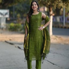 Olive Green Straight Kurta Set with Dupatta
