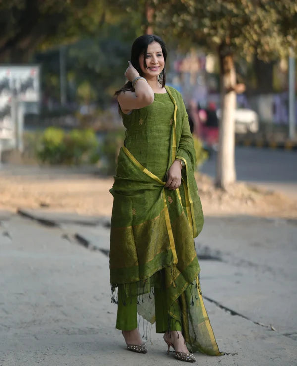 Olive Green Straight Kurta Set with Dupatta