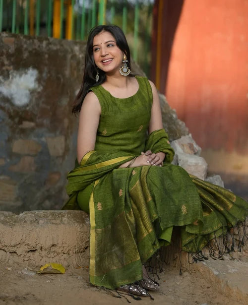 Olive Green Straight Kurta Set with Dupatta