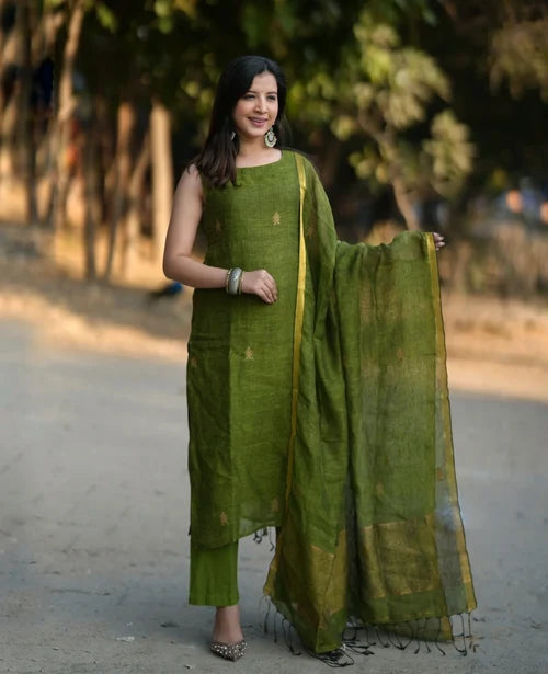 Olive Green Straight Kurta Set with Dupatta