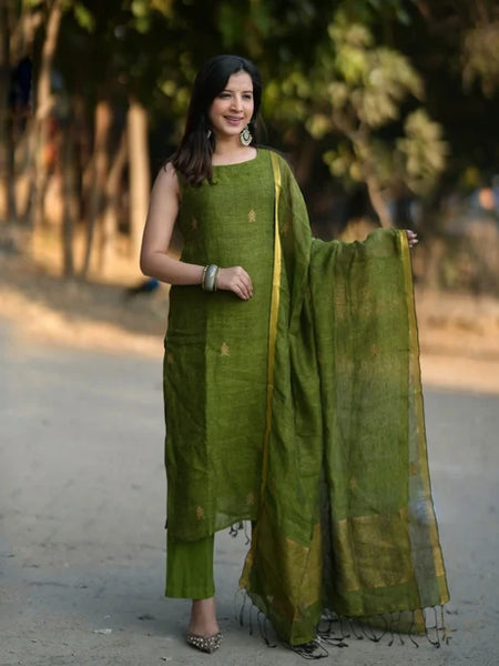 Olive Green Straight Kurta Set with Dupatta