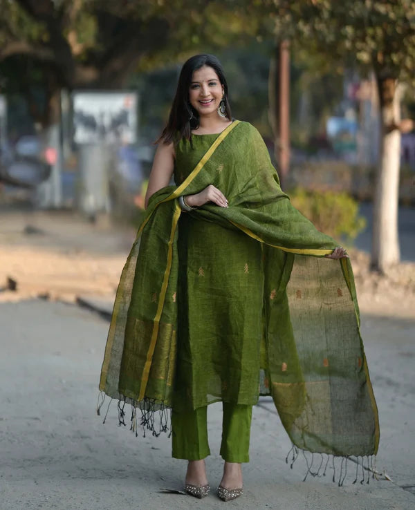 Olive Green Straight Kurta Set with Dupatta