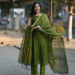 Olive Green Straight Kurta Set with Dupatta