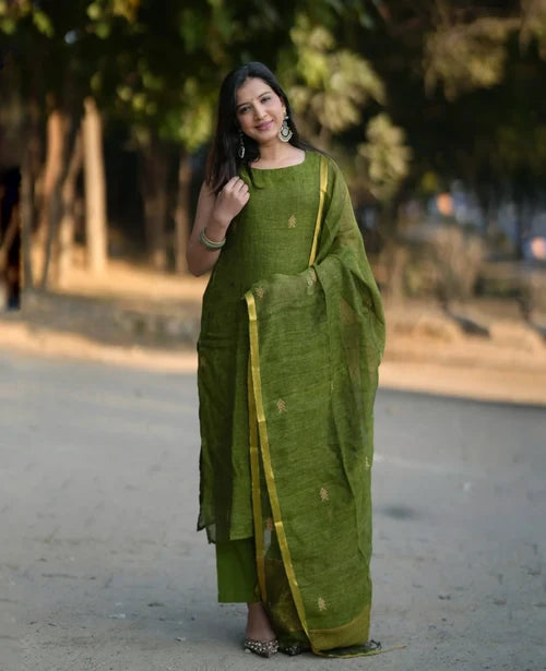 Olive Green Straight Kurta Set with Dupatta