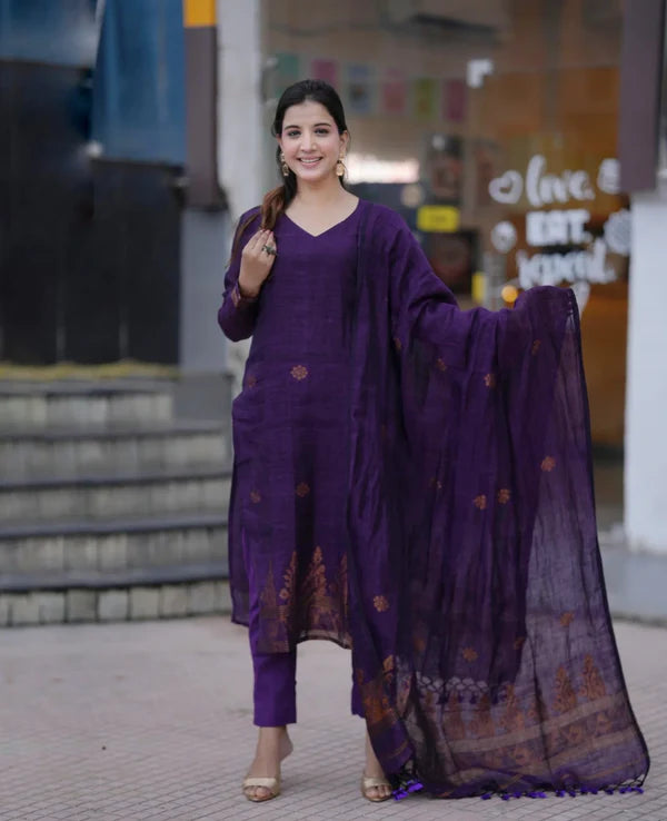 Purple Ethnic Kurta Pant Dupatta Set