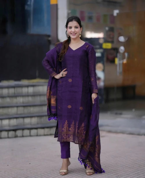 Purple Ethnic Kurta Pant Dupatta Set