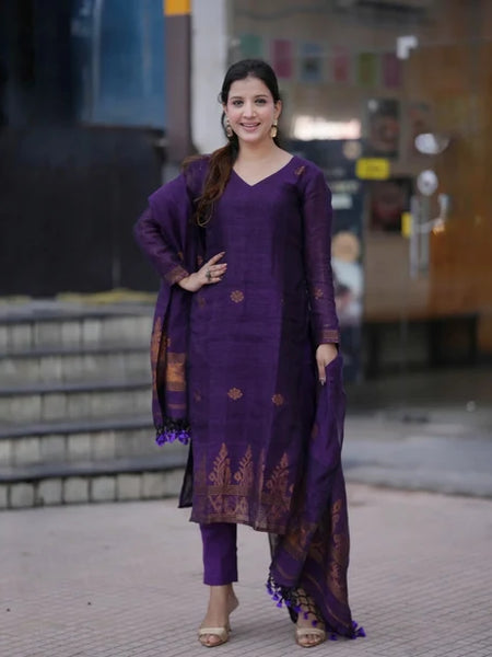 Purple Ethnic Kurta Pant Dupatta Set