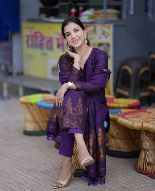 Purple Ethnic Kurta Pant Dupatta Set