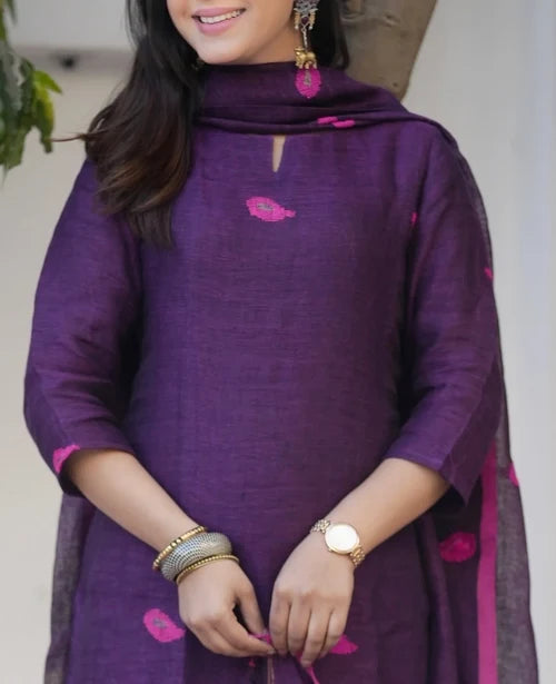 Deep Purple Kurta Pant Set with Tassel Dupatta