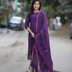 Deep Purple Kurta Pant Set with Tassel Dupatta