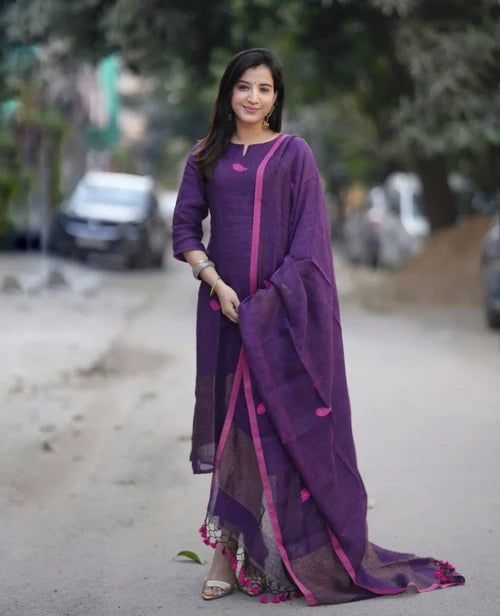 Deep Purple Kurta Pant Set with Tassel Dupatta