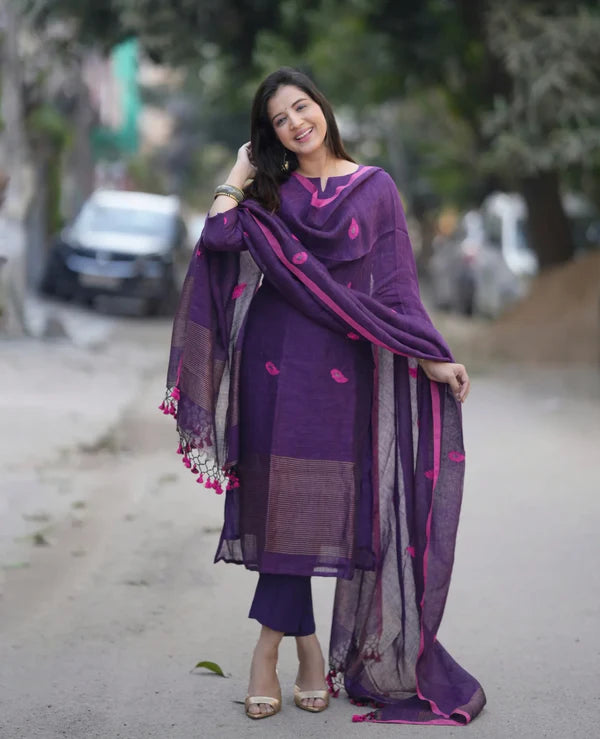 Deep Purple Kurta Pant Set with Tassel Dupatta