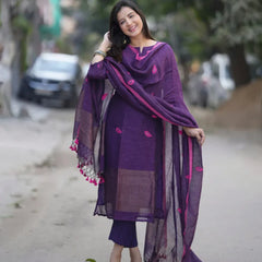 Deep Purple Kurta Pant Set with Tassel Dupatta