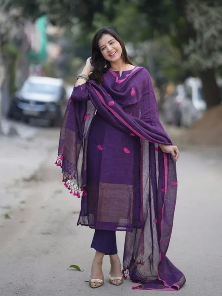 Deep Purple Kurta Pant Set with Tassel Dupatta